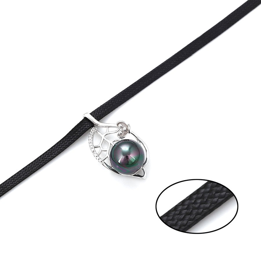Silver Black Pearl Teardrop Pendant with Leaf and Pave Crystals on Black Cord image 4