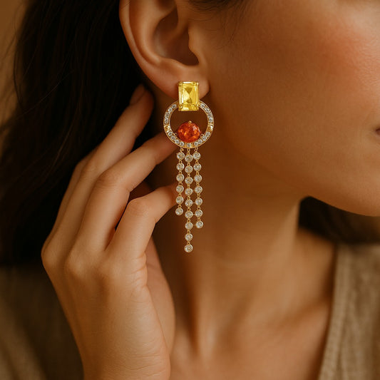 Unique Rose Gold Tassel Earrings with Yellow & Red Crystals image 1
