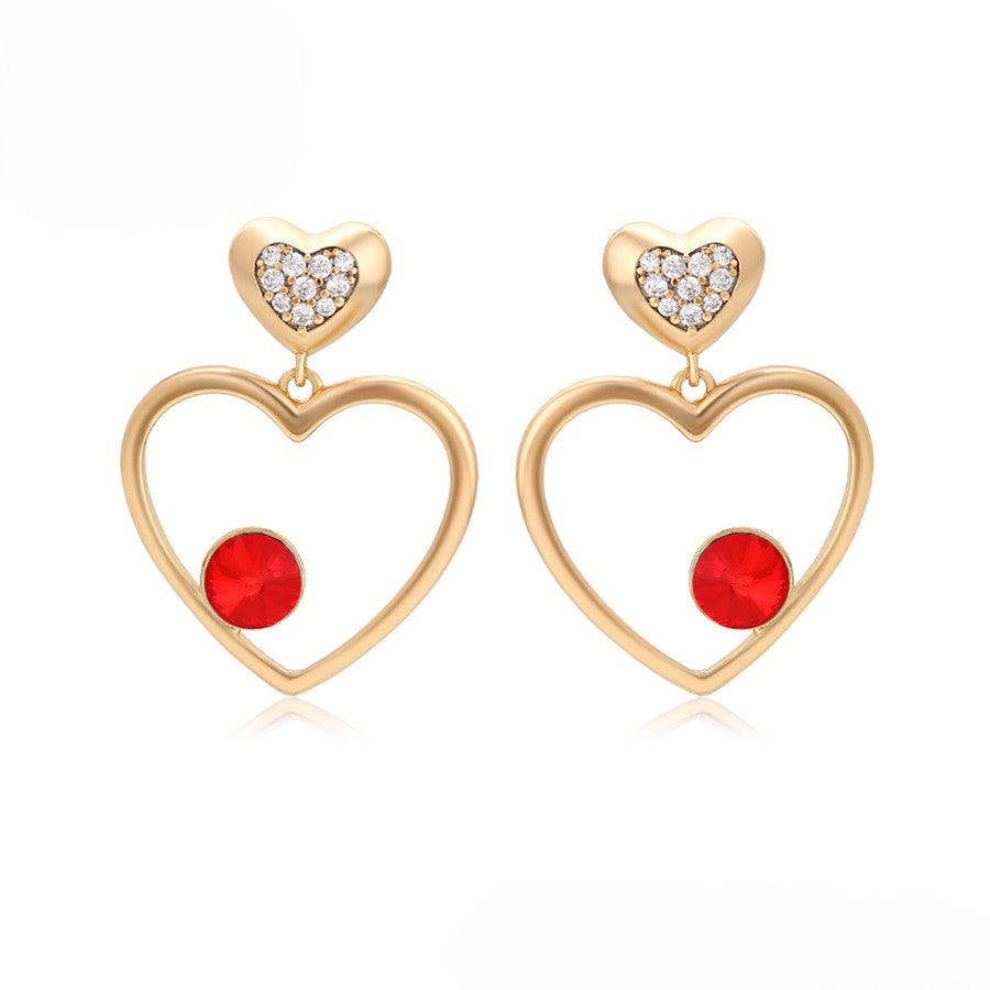 Gold Plated Heart Drop Earrings with Red and Clear Crystals image 0