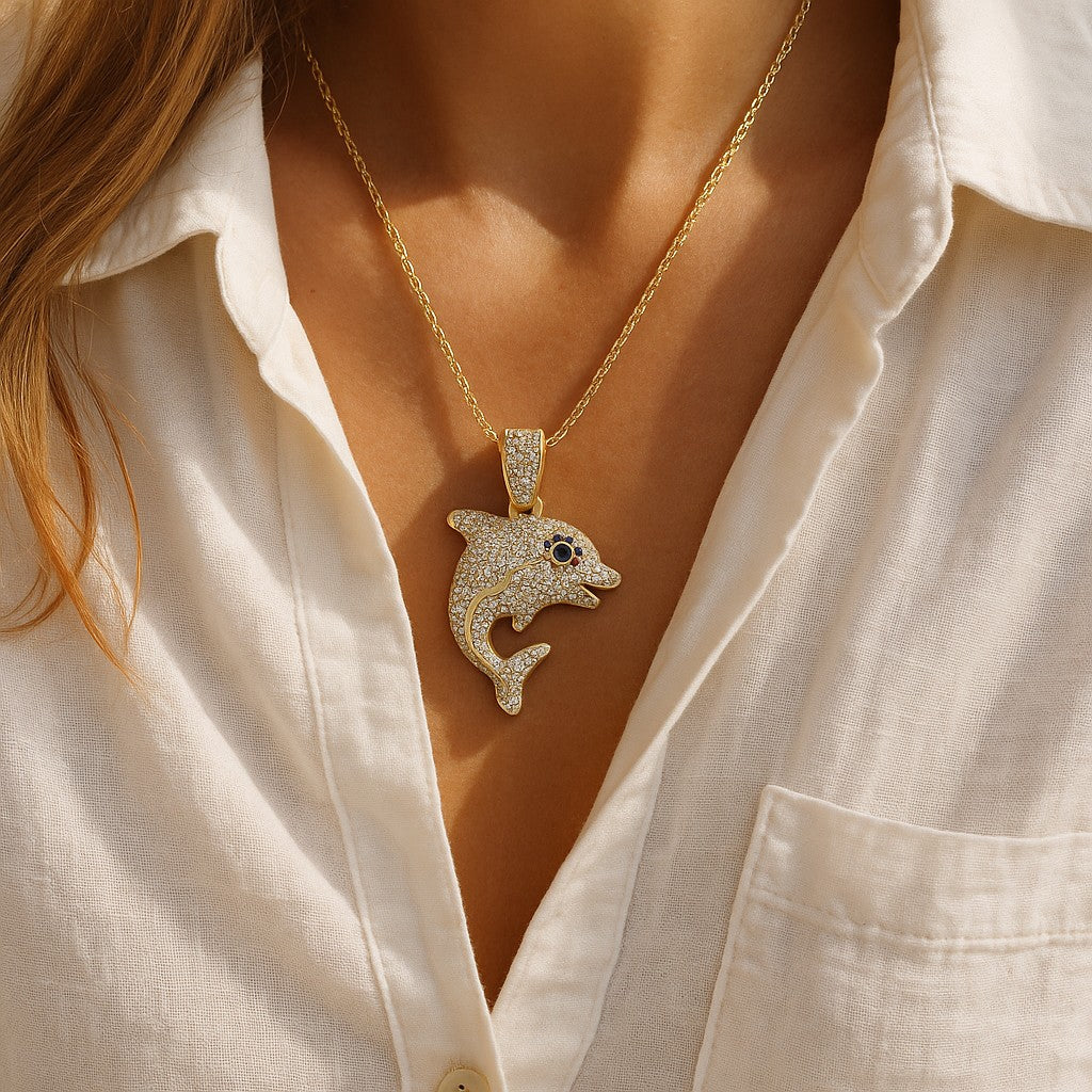 14K Gold Plated Iced Out Dolphin Pendant image 1