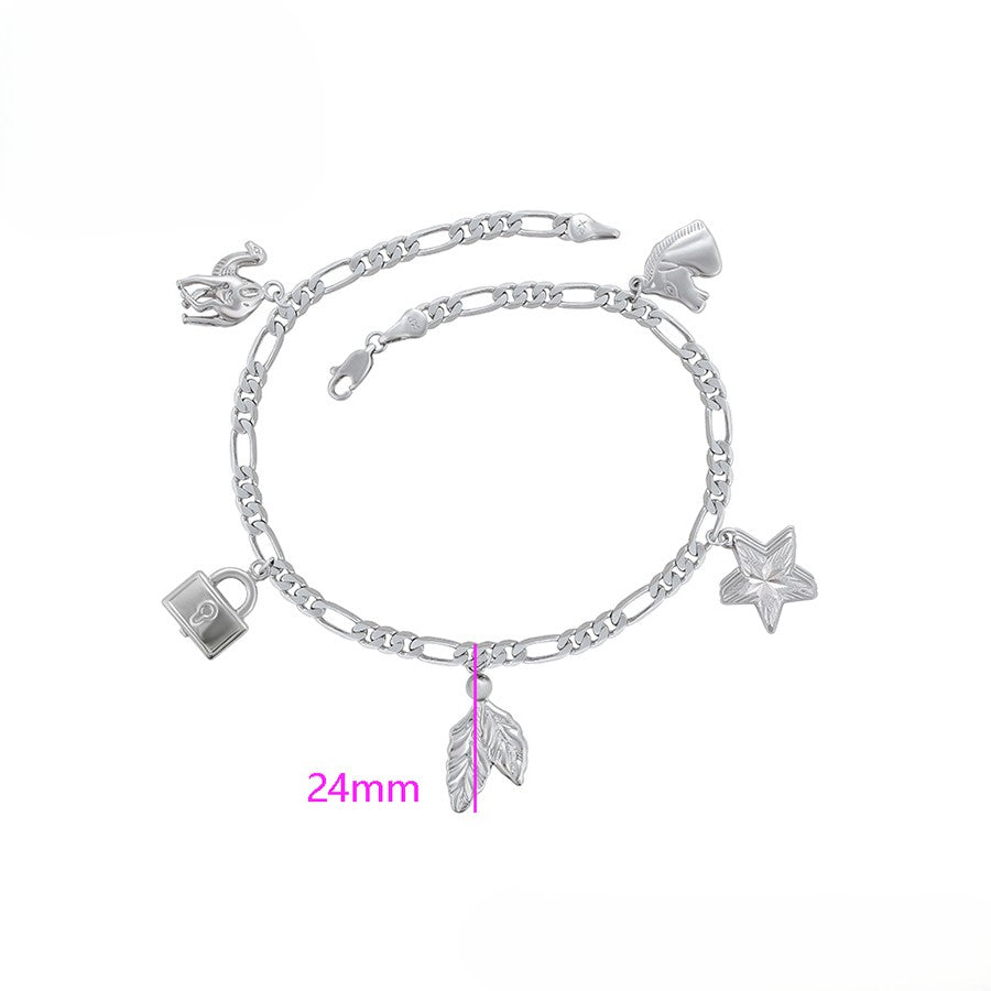 Sterling Silver Plated Figaro Chain Anklet with Leaf, Padlock & Star Charms image 2