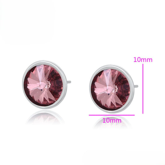 Silver Round Pink Crystal Stud Earrings - Elegant Gem Earrings image 3
