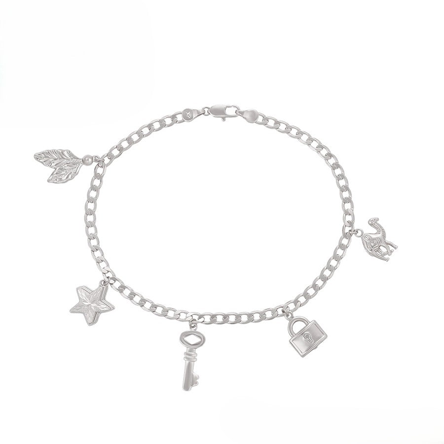Sterling Silver Plated Charm Anklet with Star, Key, Lock, Leaf & Bird/Horse Char image 3