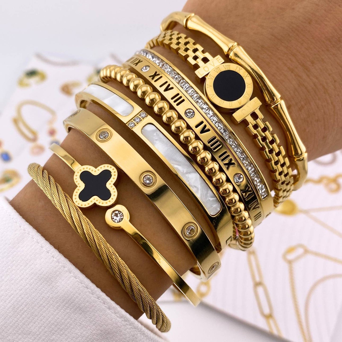 18K Gold Plated Roman Numeral Bangle with Crystals image 1