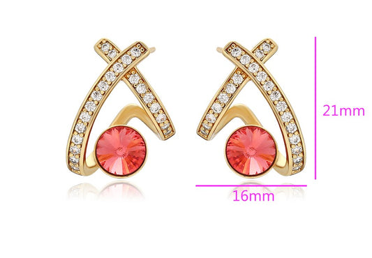 14K Gold Plated X-Shape Stud Earrings in Gold Finish with Coral Red Stones image 1