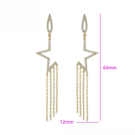 Star Earrings with Chain Fringe and Crystal Accents - 14K Gold Plated image 1