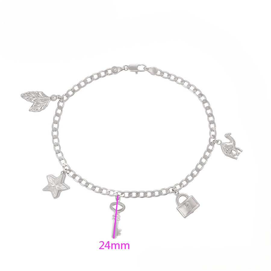 Sterling Silver Plated Charm Anklet with Star, Key, Lock, Leaf & Bird/Horse Char image 2