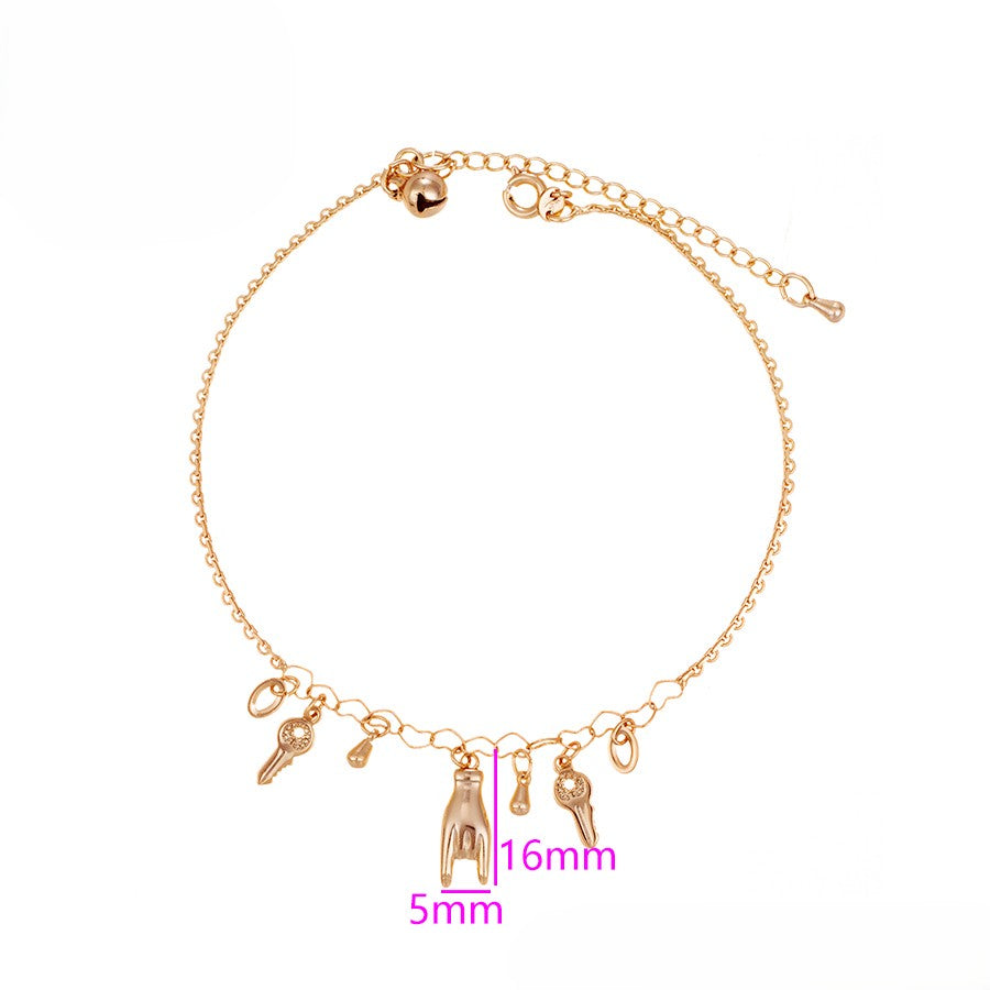 18K Gold Plated Charm Anklet with Hand, Key, Horseshoe, and Wishbone Charms image 1