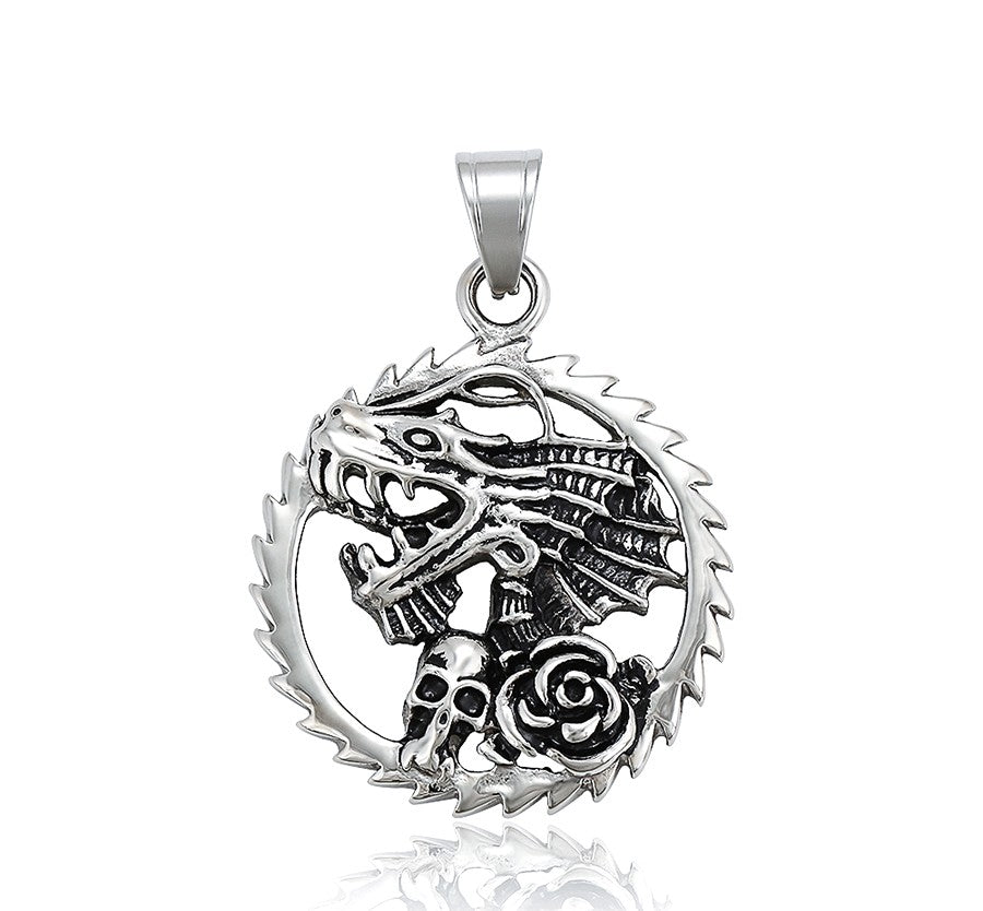 Dragon with Skull and Rose Charm in Sterling Silver image 0