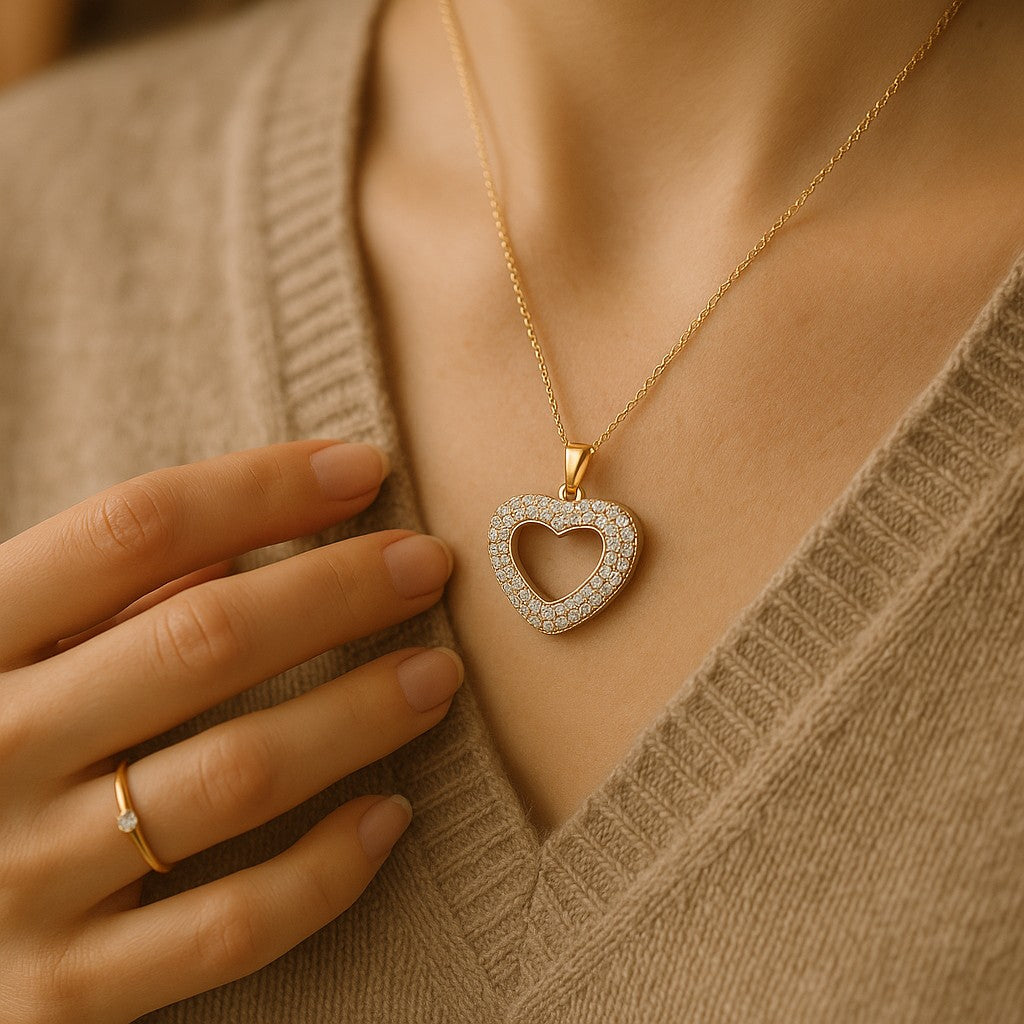 Romantic Gold Heart Pendant with Crystals - 14KGold Plated image 2
