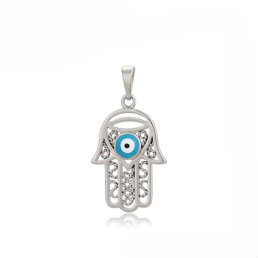 Protective Silver Hamas Hand Pendant with Evil Eye image 1