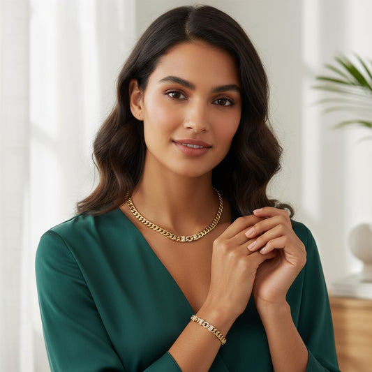 18K Gold Plated Diamond Cuban Link Chain and Bracelet Set