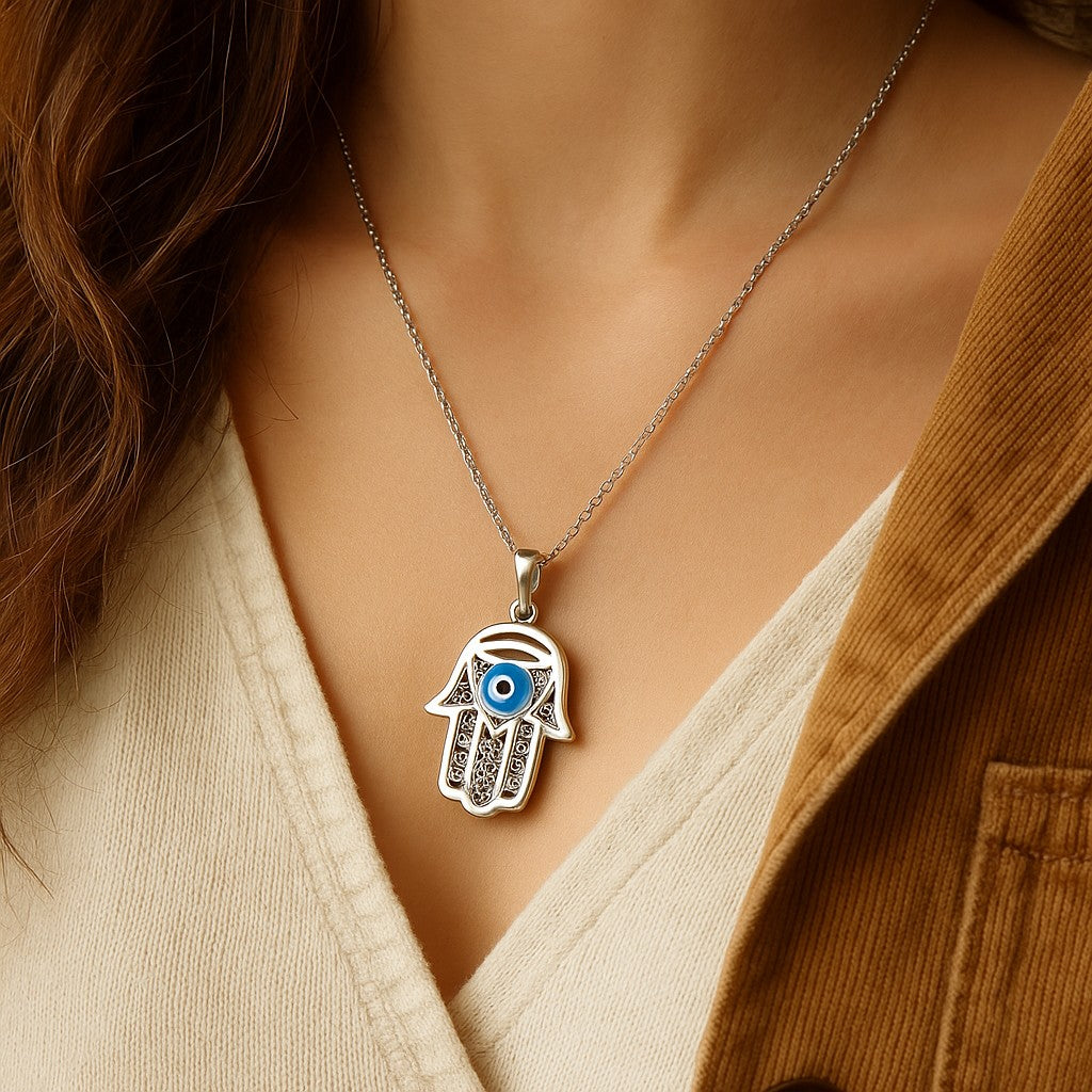 Protective Silver Hamas Hand Pendant with Evil Eye image 2
