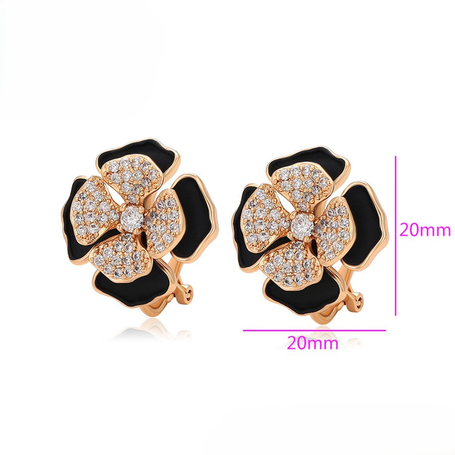 Gold Plated Black Enamel Flower Earrings with Crystal Pave image 2