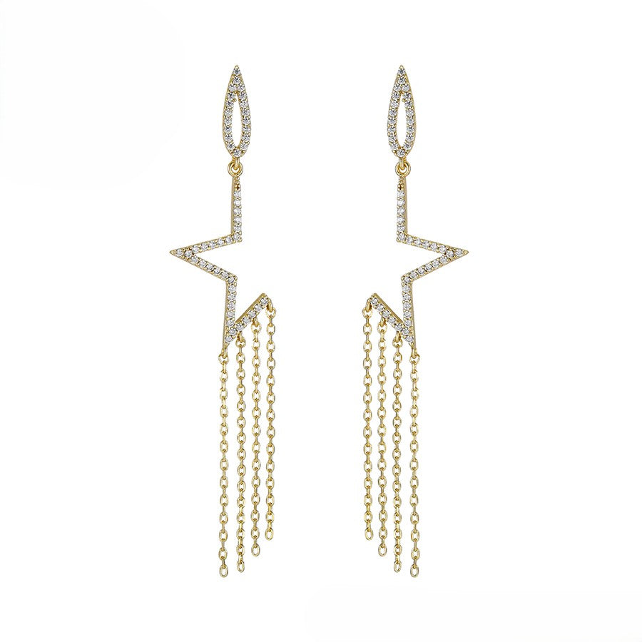 Star Earrings with Chain Fringe and Crystal Accents - 14K Gold Plated image 0