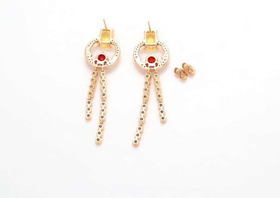 Unique Rose Gold Tassel Earrings with Yellow & Red Crystals image 3