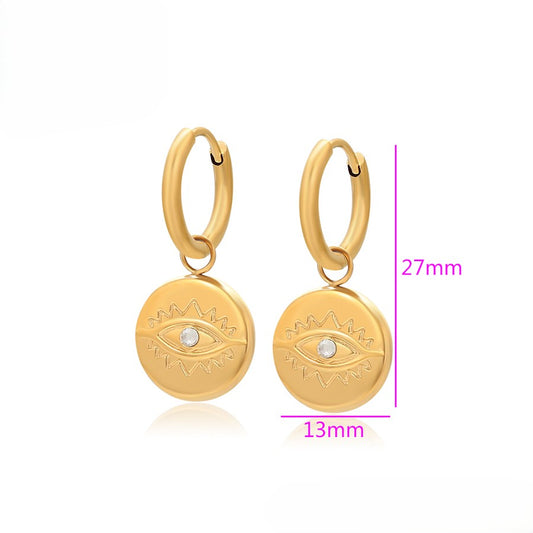 Dainty Gold Plated Hoop Earrings with Engraved Evil Eye and Crystal image 1