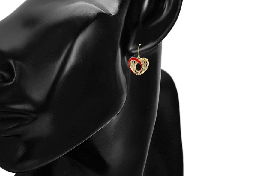 14K Gold Plated Red Enamel Mesh Heart Pendant & Dangle Earrings Set image 5