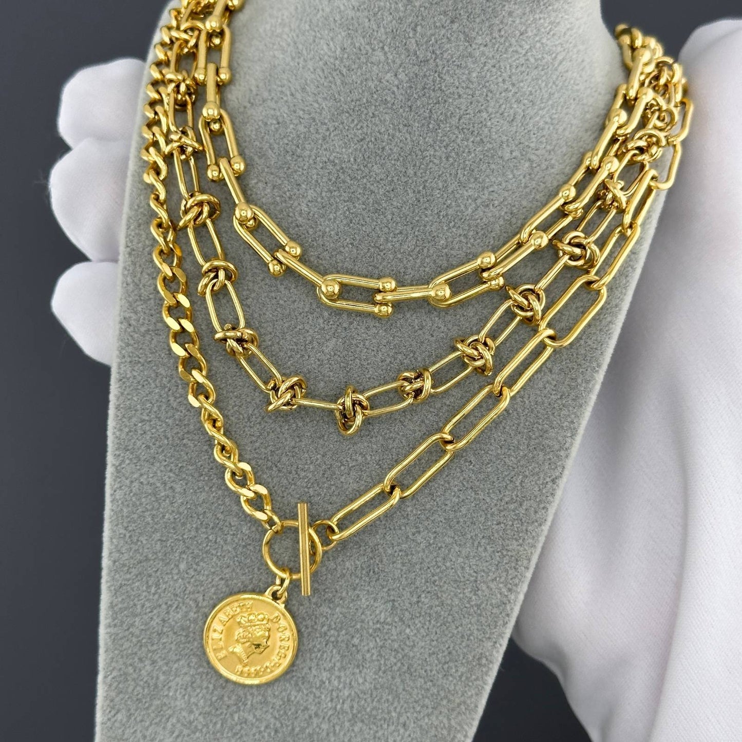 18K Gold Plated Stainless Steel U-Link Necklace with Ball Details image 1