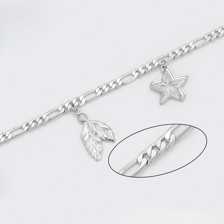 Sterling Silver Plated Figaro Chain Anklet with Leaf, Padlock & Star Charms image 3