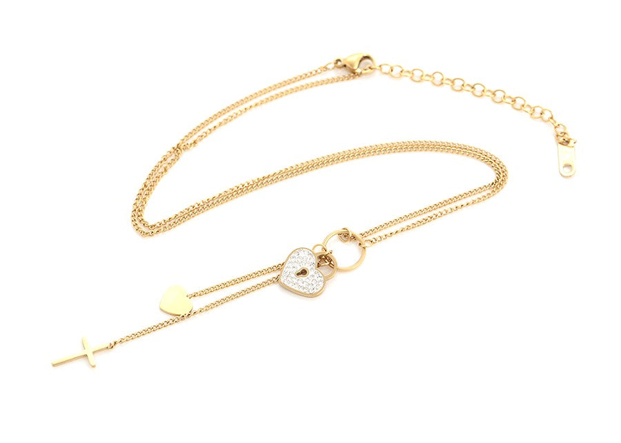 14K gold Plated - Heart Lock, Heart, and Cross Charm Layered Necklace image 2