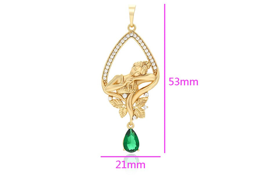 14K gold Plated- Elegant Lady in Leaf Frame with Green Gem Pendant image 2