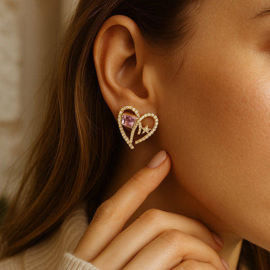 14K Gold Plated Pave Heart Stud Earrings with Purple Crystal Earrings image 1