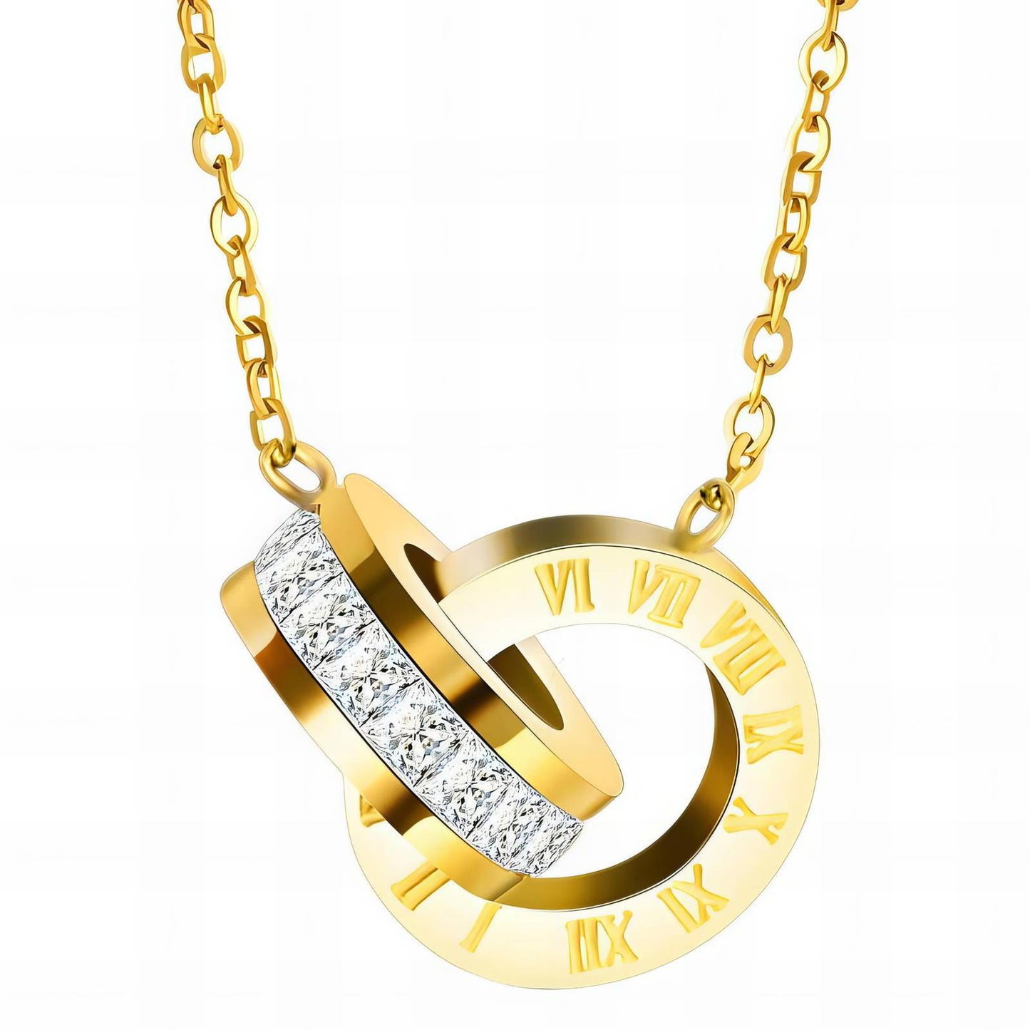 18K Gold Plated Stainless Steel Infinity Roman Numeral Crystal Pendant Necklace image 1
