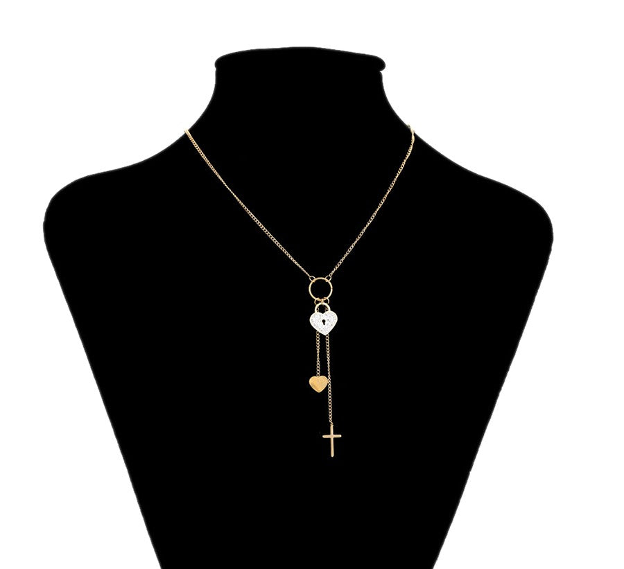 14K gold Plated - Heart Lock, Heart, and Cross Charm Layered Necklace image 3