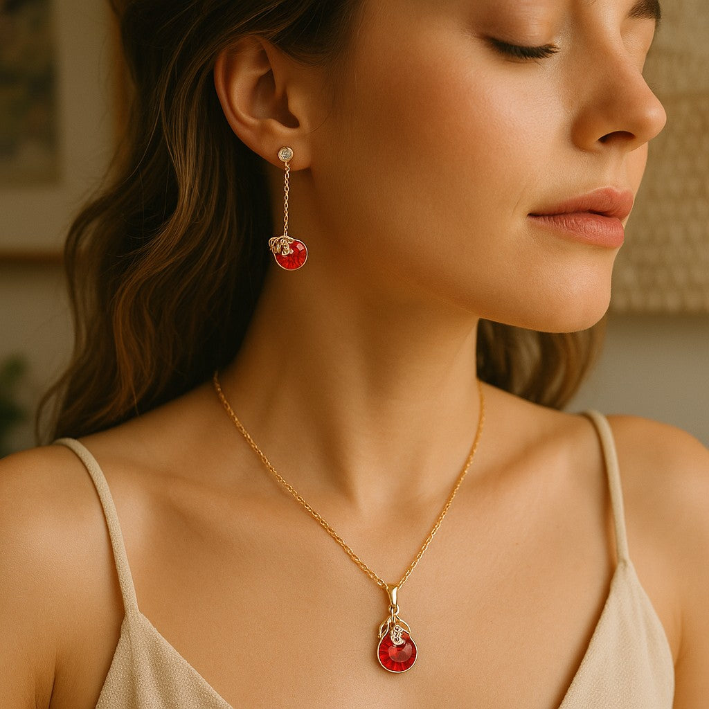18K Gold Plated Red Crystal Gourd Pendant Necklace & Drop Earrings Set image 3