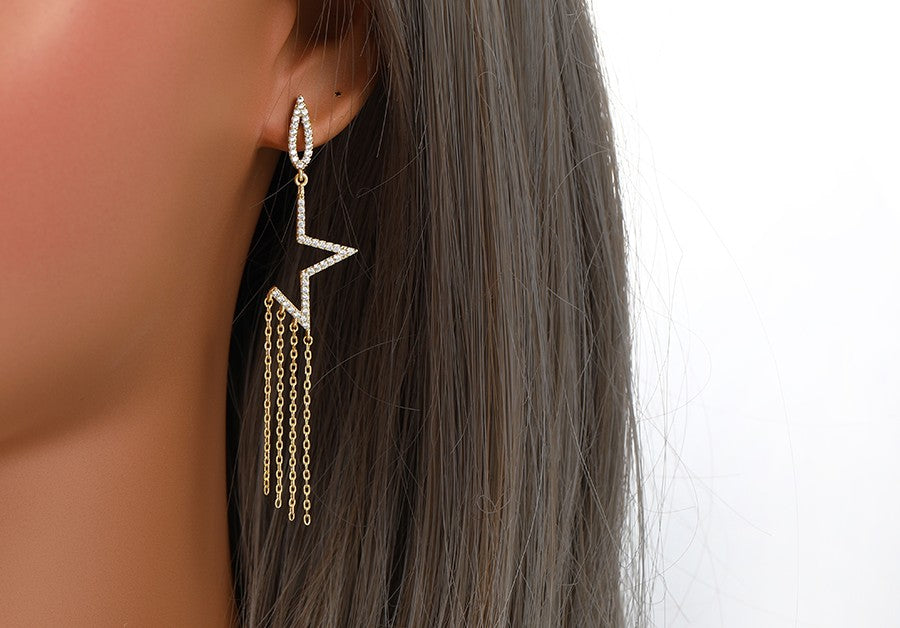 Star Earrings with Chain Fringe and Crystal Accents - 14K Gold Plated image 3