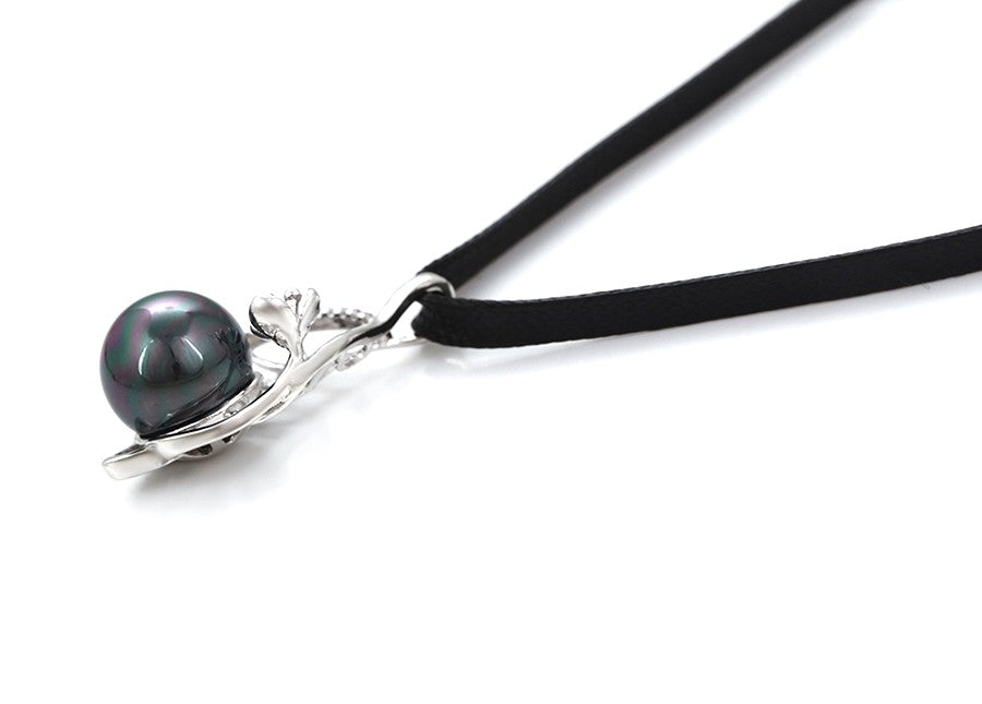 Silver Black Pearl Teardrop Pendant with Leaf and Pave Crystals on Black Cord image 5