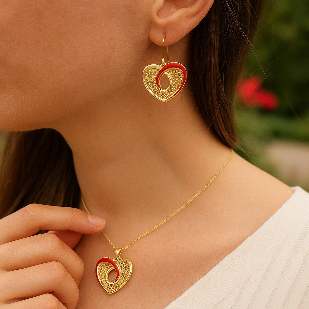14K Gold Plated Red Enamel Mesh Heart Pendant & Dangle Earrings Set image 3