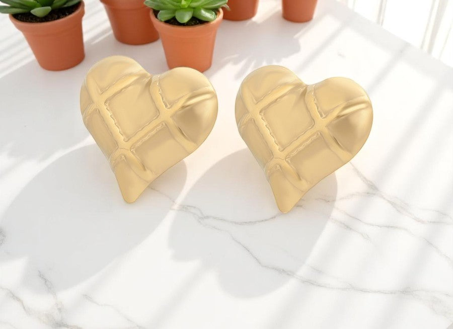 18K Elegant Gold Plated - Quilted Puffy Heart Earrings image 0