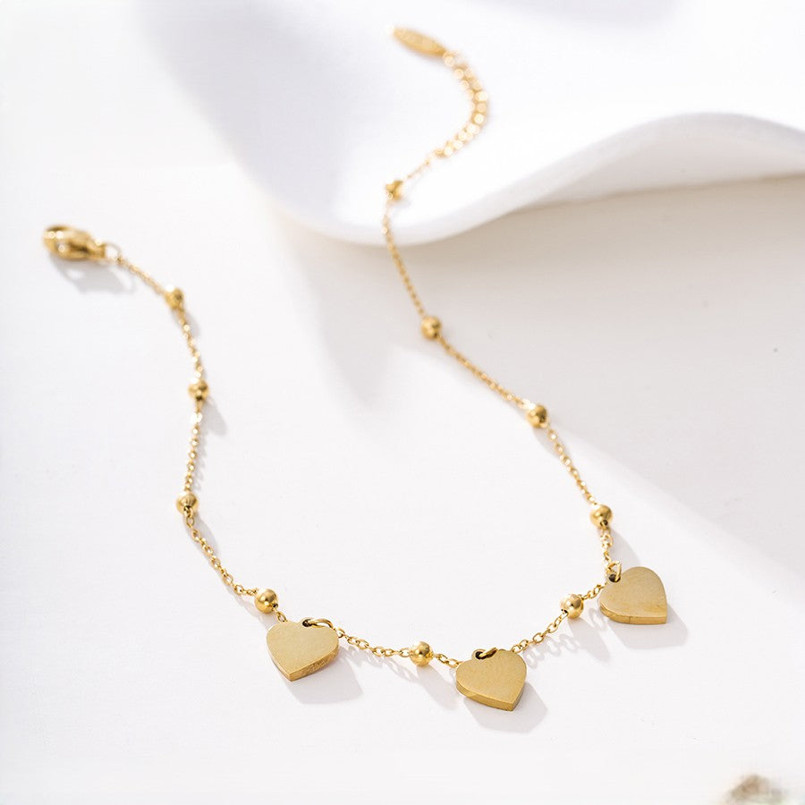 14K Gold Plated Bead Chain Anklet with Pink, Blue & Gold Enamel Heart Charms image 2