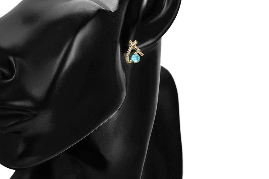 14K Gold Plated X-Shape Stud Earrings in Gold Finish with Coral Blue Stones image 2