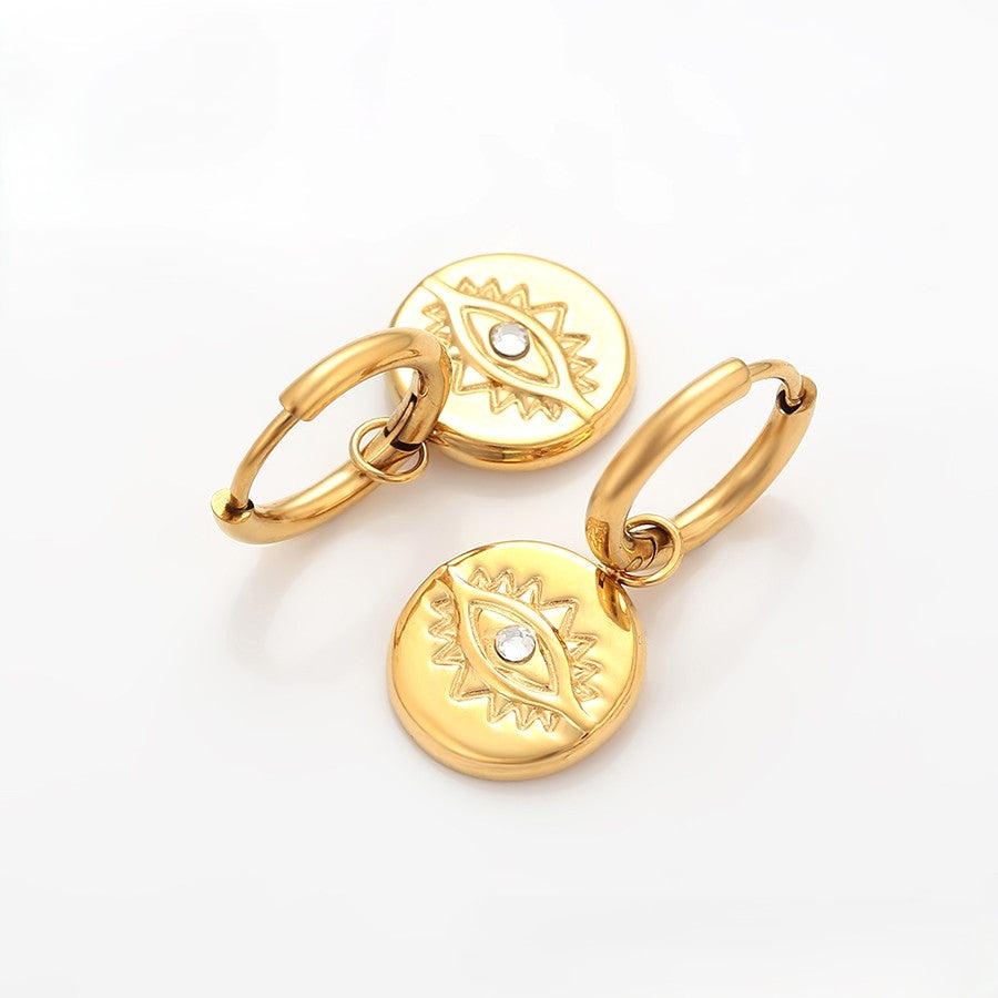 Dainty Gold Plated Hoop Earrings with Engraved Evil Eye and Crystal image 5