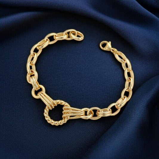 14K Gold Plated Chunky Link Bracelet with Textured Rope Circle Accent image 0
