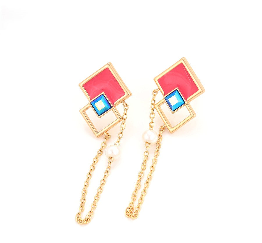 18K Gold Plated Geometric Dangle Earrings with Pink Enamel, Blue Crystal & Pearl image 4