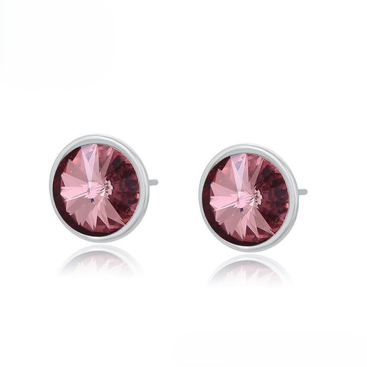 Silver Round Pink Crystal Stud Earrings - Elegant Gem Earrings image 0