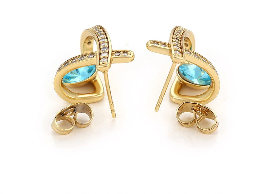 14K Gold Plated X-Shape Stud Earrings in Gold Finish with Coral Blue Stones image 3