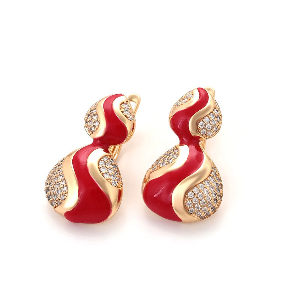 18K gold plated - Unique S-Shape Earrings with RedEnamel Accents and Crystal Emb image 0