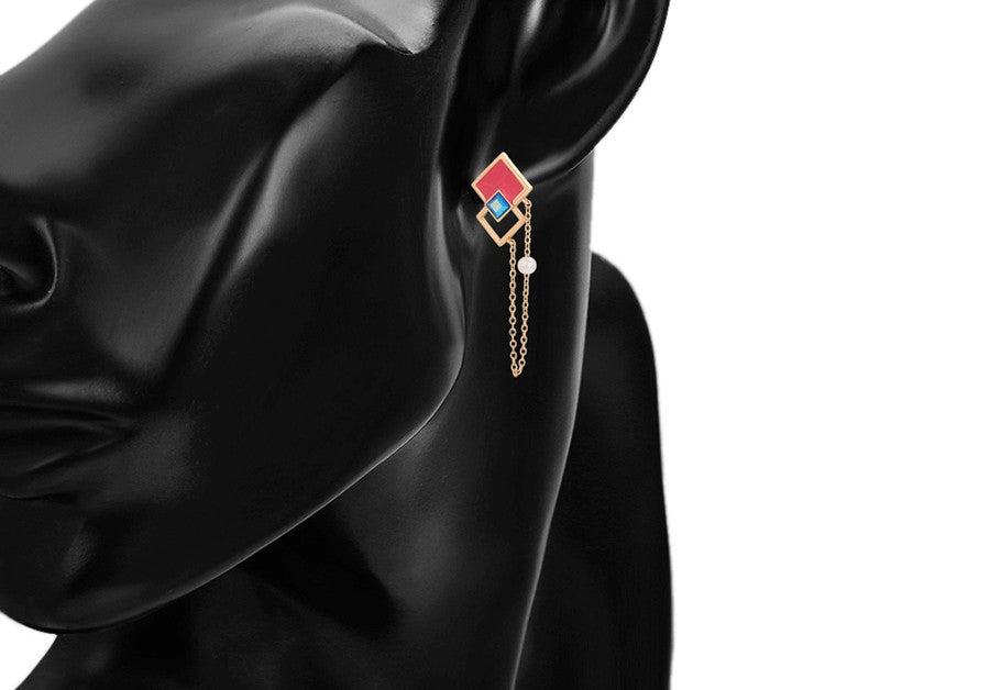 18K Gold Plated Geometric Dangle Earrings with Pink Enamel, Blue Crystal & Pearl image 2