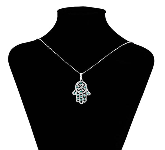 Sterling Silver Hamas Hand Pendant with Green & Clear Crystals image 0