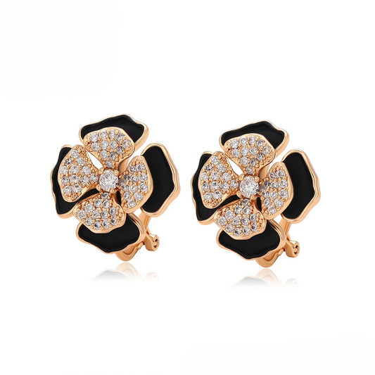 Gold Plated Black Enamel Flower Earrings with Crystal Pave image 0