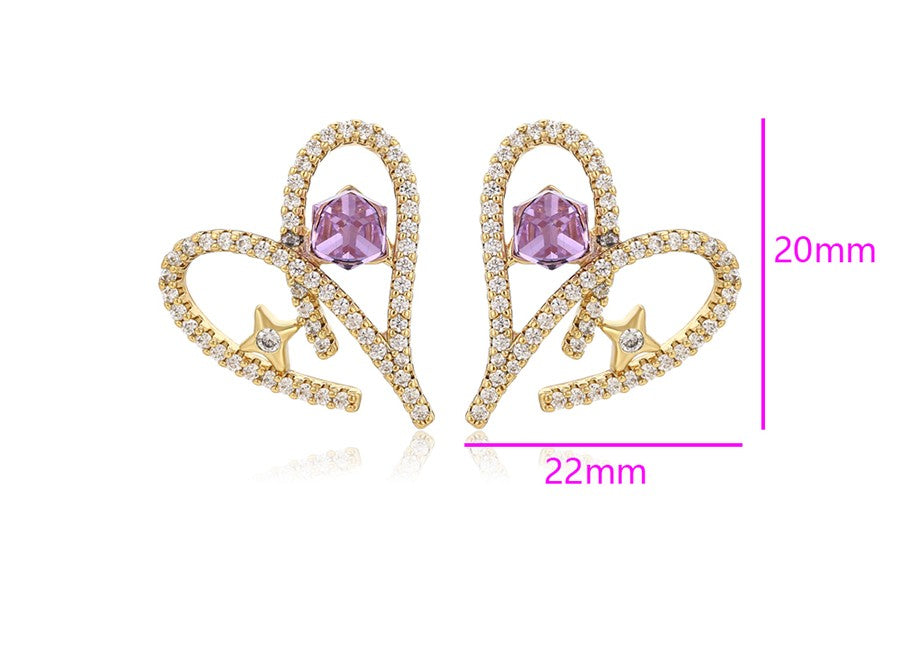 14K Gold Plated Pave Heart Stud Earrings with Purple Crystal Earrings image 2