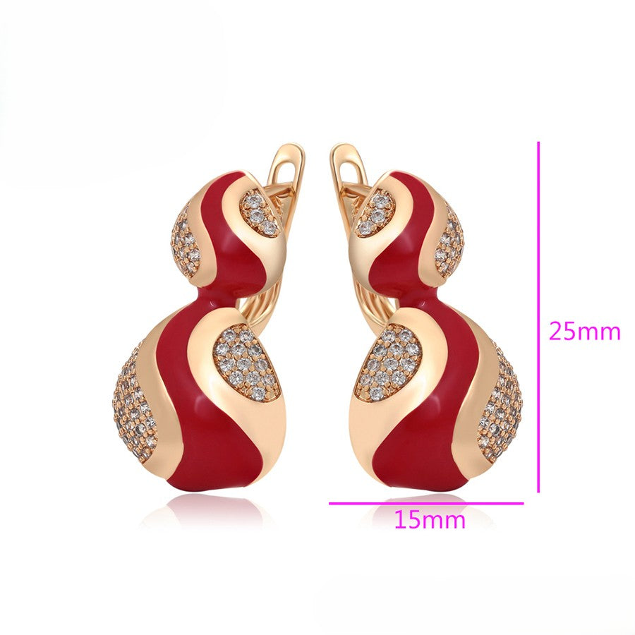 18K gold plated - Unique S-Shape Earrings with RedEnamel Accents and Crystal Emb image 3