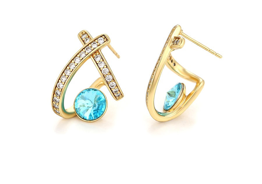 14K Gold Plated X-Shape Stud Earrings in Gold Finish with Coral Blue Stones image 4