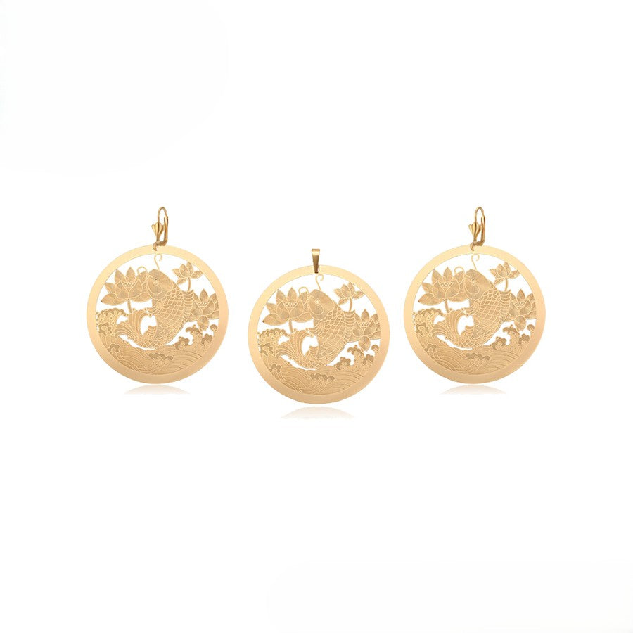 18K Gold Plated Round Koi Fish & Lotus Flower Pendant & Lever back Earrings Set image 4