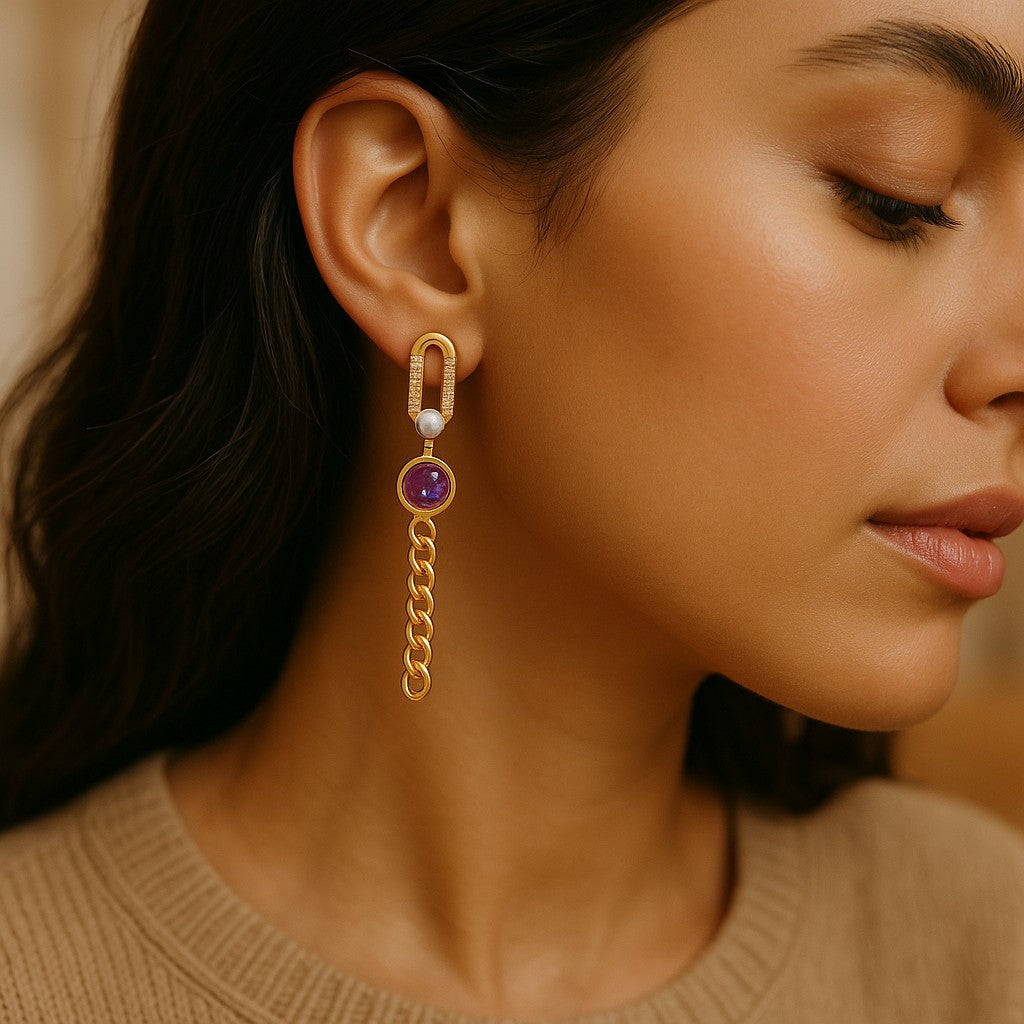 14K Gold Plated Paperclip Chain Dangle Earrings with Purple Crystal image 1